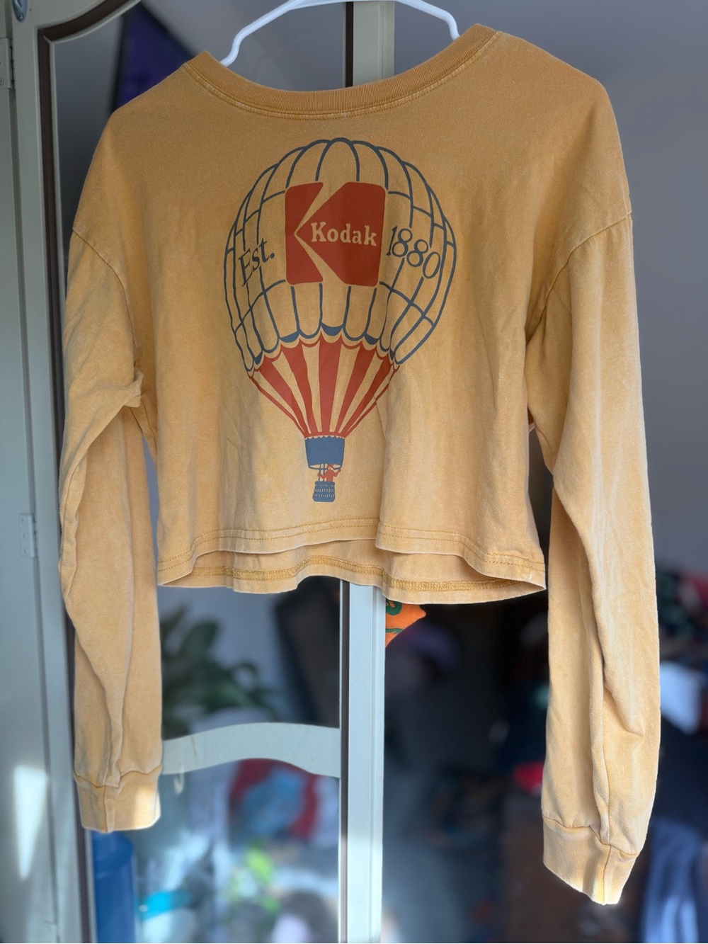 Kodak Graphic Yellow Long Sleeve Mid-drift Crop Top T-Shirt Size Small